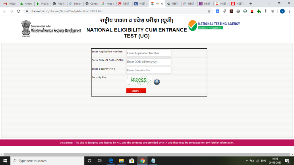 NEET Admit card Released Download at ntaneet.nic.in